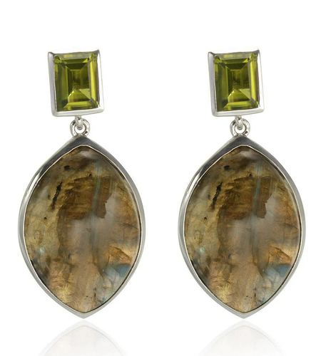 Labradorite & Peridot Drop Earrings in Rhodium Over Sterling Silver