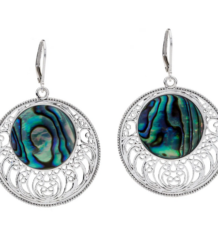 Abalone Openwork Disc Drop Earrings in Rhodium Over Sterling Silver