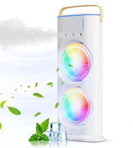 BreezeGlow™ 2-in-1 Dual Mist Cooling Fan – Chill, Hydrate & Light Up Your Space
