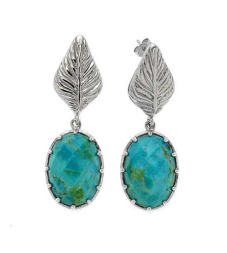 Sterling Silver Turquoise Leaf Drop Earrings – Rhodium Plated, Blue-Green Oval Turquoise