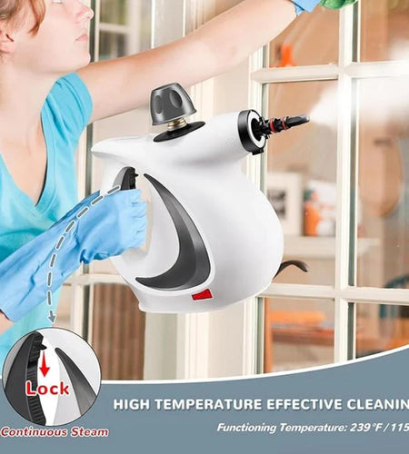 Pressurized handheld steam cleaner with rechargeable spin scrubber for deep cleaning surfaces