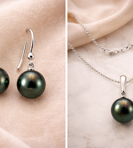 10–11mm Peacock Tahitian Pearl Jewelry Set – 14K White Gold Earrings & Pendant Necklace