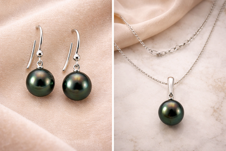 10–11mm Peacock Tahitian Pearl Jewelry Set – 14K White Gold Earrings & Pendant Necklace