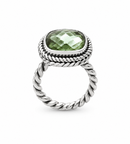 Sage Green Amethyst Quartz Sterling Silver Rope Band Bali Ring