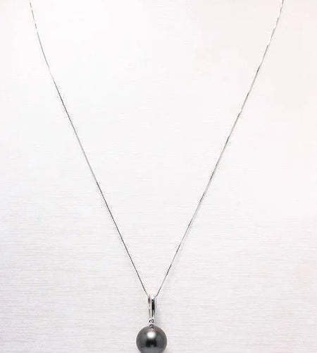 14K White Gold Tahitian Pearl Pendant Necklace | 11–12mm Round Tahiti Green Pearl | 45cm