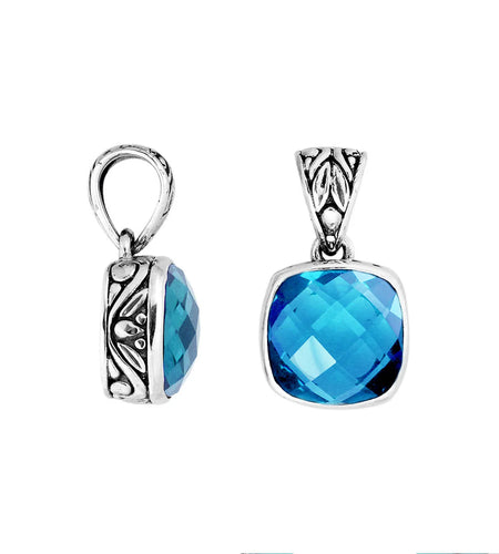 Bali Artisan Sterling Silver London Blue Topaz Pendant – Handcrafted 925 Silver Luxury Cushion Gemstone Pendant