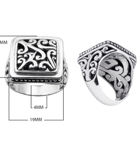 Square Sterling Silver Men’s Ring with Balinese Carving Design