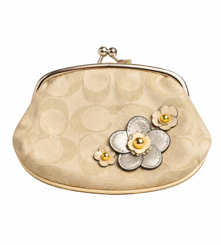 Coach Signature Canvas Floral Kisslock Coin Purse – Beige Gold Mini Wallet