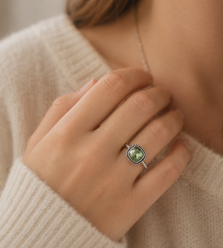 Simply Savvy Bali Artisan Sterling Silver Green Amethyst Ring – Handcrafted 925 Silver Luxury Cushion-Cut Gemstone Ring