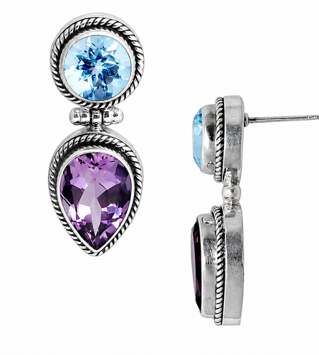Simply Savvy Bali Artisan Sterling Silver Amethyst & Blue Topaz Dual-Stone Drop Earrings – 925 Luxury Jewelry