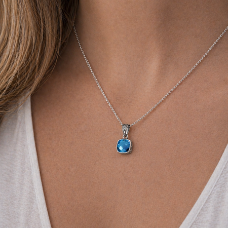 Simply Savvy Bali Artisan Sterling Silver London Blue Topaz Pendant – Handcrafted 925 Silver Luxury Cushion Gemstone Pendant