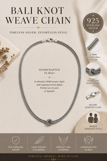 Simply Savvy Bali Knot Weave Chain Necklace – 2.5MM Sterling Silver (Multiple Lengths)