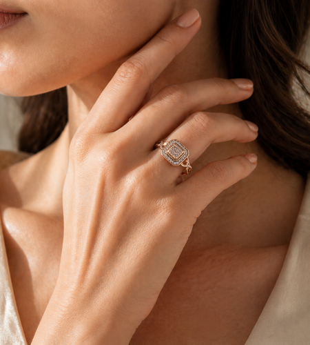 Blush Radiance Diamond Cluster Ring-10K Rose Gold Diamond Cluster Ring with Side Accents