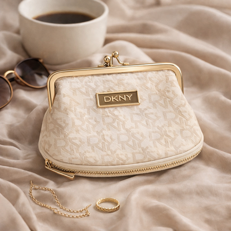 DKNY Logo Kiss-Lock Coin Purse – Cream & Gold Mini Clutch (Pre-Owned)