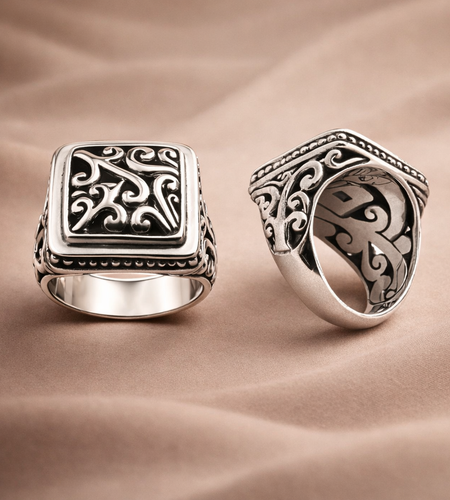 Square Sterling Silver Men’s Ring with Balinese Carving Design