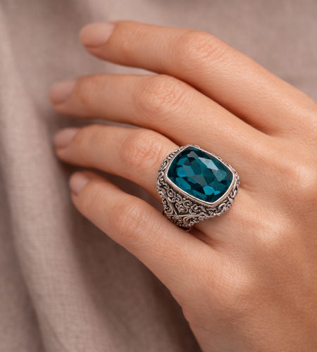 Simply Savvy Bali Artisan Sterling Silver London Blue Topaz Ring – Handcrafted 925 Silver Luxury Statement Ring