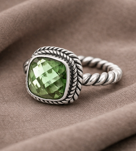 Bali Artisan Sterling Silver Green Amethyst Ring – Handcrafted 925 Silver Luxury Cushion-Cut Gemstone Ring