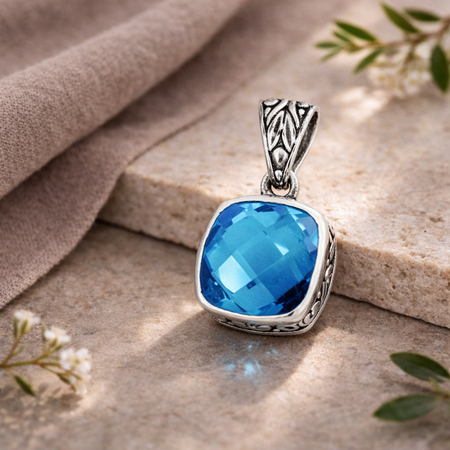 Simply Savvy Bali Artisan Sterling Silver London Blue Topaz Pendant – Handcrafted 925 Silver Luxury Cushion Gemstone Pendant