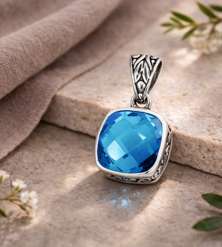 Bali Artisan Sterling Silver London Blue Topaz Pendant – Handcrafted 925 Silver Luxury Cushion Gemstone Pendant