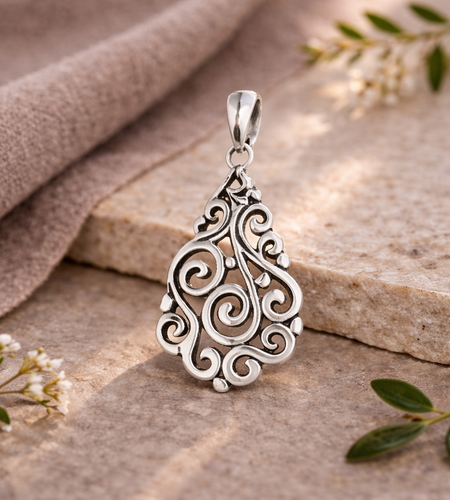 Bali Artisan Sterling Silver Filigree Teardrop Pendant – Handcrafted 925 Silver Luxury Openwork Pendant