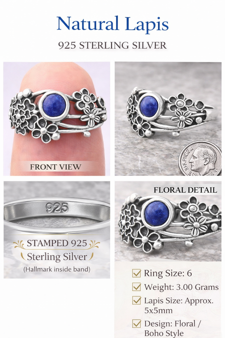 925 Sterling Silver Natural Lapis Floral Ring – Size 6 Boho Flower Statement Ring