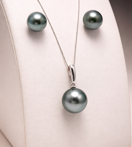 14K White Gold Peacock Tahitian Pearl Necklace & Stud Earring Set | 10–11mm | French Polynesia