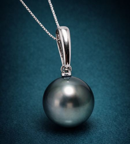 14K White Gold Tahitian Pearl Pendant Necklace | 11–12mm Round Tahiti Green Pearl | 45cm