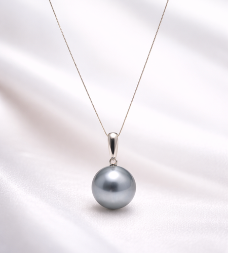 14K Yellow Gold Tahitian Pearl Pendant Necklace | 12–13mm Round Grey-Green Pearl | 45cm