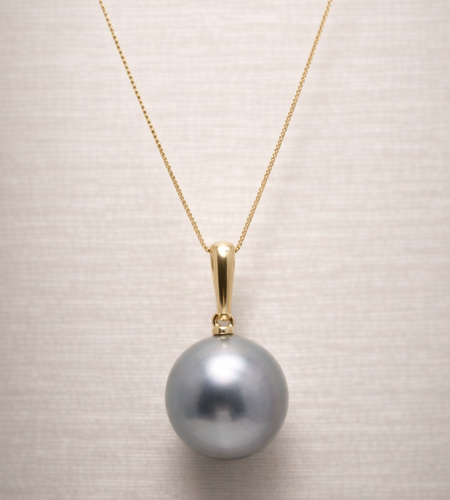 14K Yellow Gold Tahitian Pearl Pendant Necklace | 12–13mm Round Grey-Green Pearl | 45cm