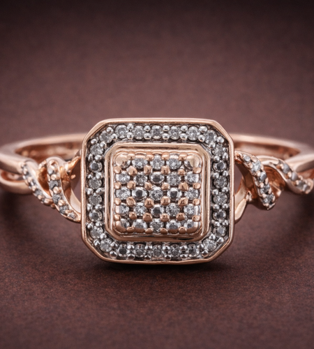 10K Rose Gold Diamond Cluster Ring with Side Accents – Romantic Blush Gold (Size 7.25)