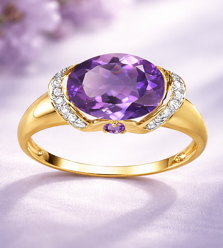 1.79ct Oval Amethyst & Diamond Accent Ring in Solid 10K Yellow Gold