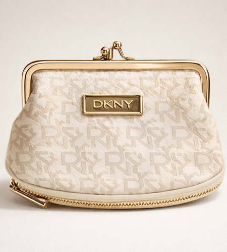 DKNY Logo Kiss-Lock Coin Purse – Cream & Gold Mini Clutch (Pre-Owned)
