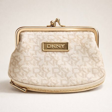 DKNY Logo Kiss-Lock Coin Purse – Cream & Gold Mini Clutch (Pre-Owned)