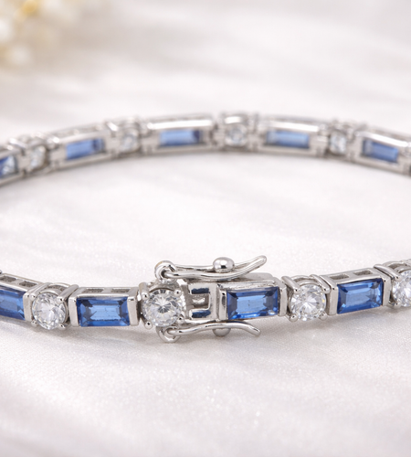 925 Sterling Silver Blue & White Tennis Bracelet – Classic Alternating Stone Design (11.9g)