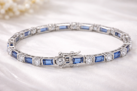 925 Sterling Silver Blue & White Tennis Bracelet – Classic Alternating Stone Design (11.9g)
