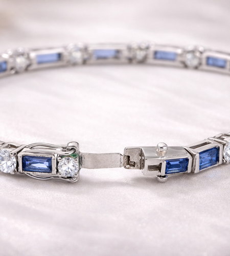 925 Sterling Silver Blue & White Tennis Bracelet – Classic Alternating Stone Design (11.9g)
