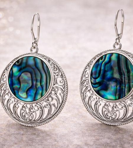 Abalone Openwork Disc Drop Earrings in Rhodium Over Sterling Silver