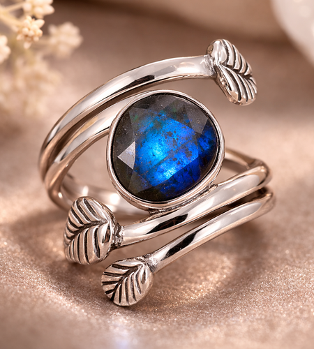 Natural Blue Labradorite Ring 925 Sterling Silver Wrap Ring Size 7
