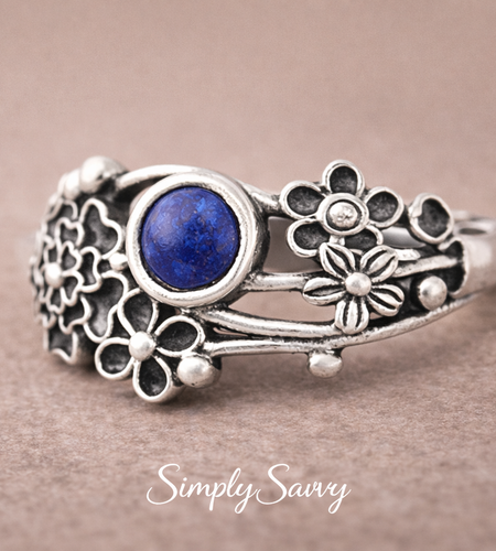 925 Sterling Silver Natural Lapis Floral Ring – Size 6 Boho Flower Statement Ring