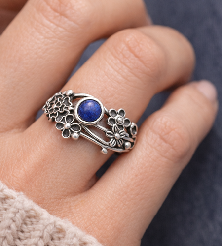 925 Sterling Silver Natural Lapis Floral Ring – Size 6 Boho Flower Statement Ring