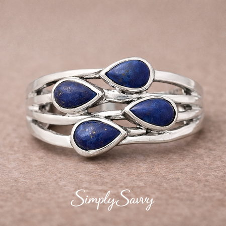 Natural Lapis Lazuli Ring – 925 Sterling Silver Multi Stone Pear Design Size 6