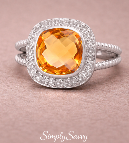 Natural Citrine Cushion Halo Ring 925 Sterling Silver 10mm Size 6 November Birthstone
