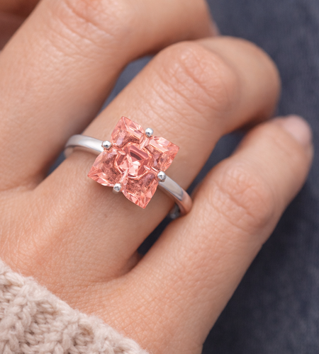 Peach Morganite Ring 925 Sterling Silver Square 10mm Size 7 Statement Ring