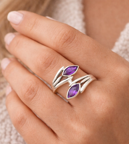 Sterling Silver Amethyst Bypass Ring Size 7 – Marquise Gemstone Wrap Ring