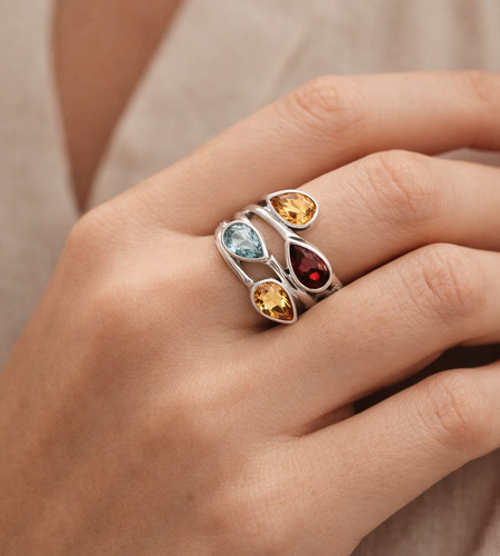 Sterling Silver Multi Gemstone Pear Shape Ring Size 6 Blue Citrine Garnet Statement