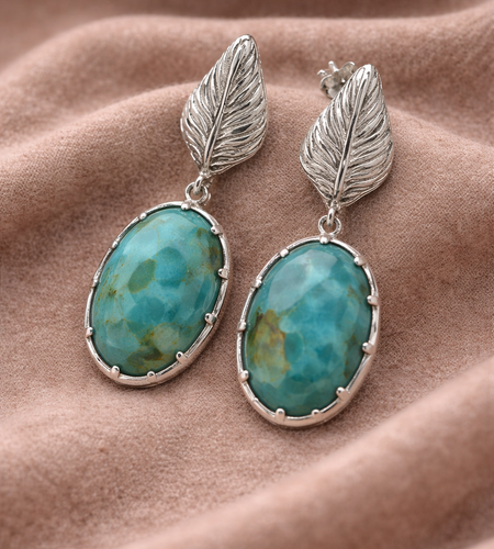 Sterling Silver Turquoise Leaf Drop Earrings – Rhodium Plated, Blue-Green Oval Turquoise