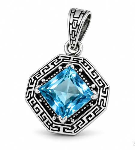 Bali Artisan Sterling Silver Azure Key Pendant – Handcrafted 925 Silver Luxury Blue Topaz Gemstone Pendant
