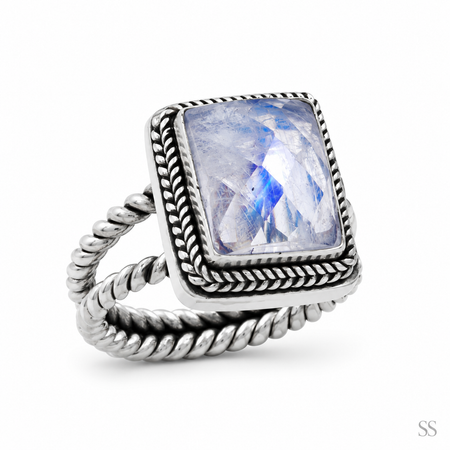 Simply Savvy Bali Artisan Sterling Silver Rainbow Moonstone Ring – Handcrafted 925 Silver – Luxury Moonstone Statement Ring