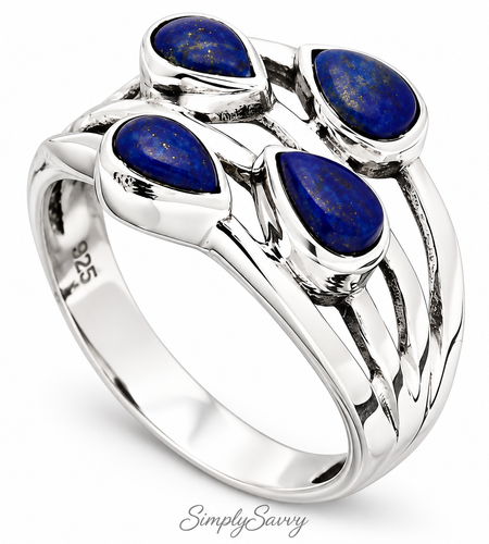 Natural Lapis Lazuli Ring – 925 Sterling Silver Multi Stone Pear Design Size 6