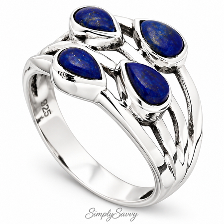 Natural Lapis Lazuli Ring – 925 Sterling Silver Multi Stone Pear Design Size 6